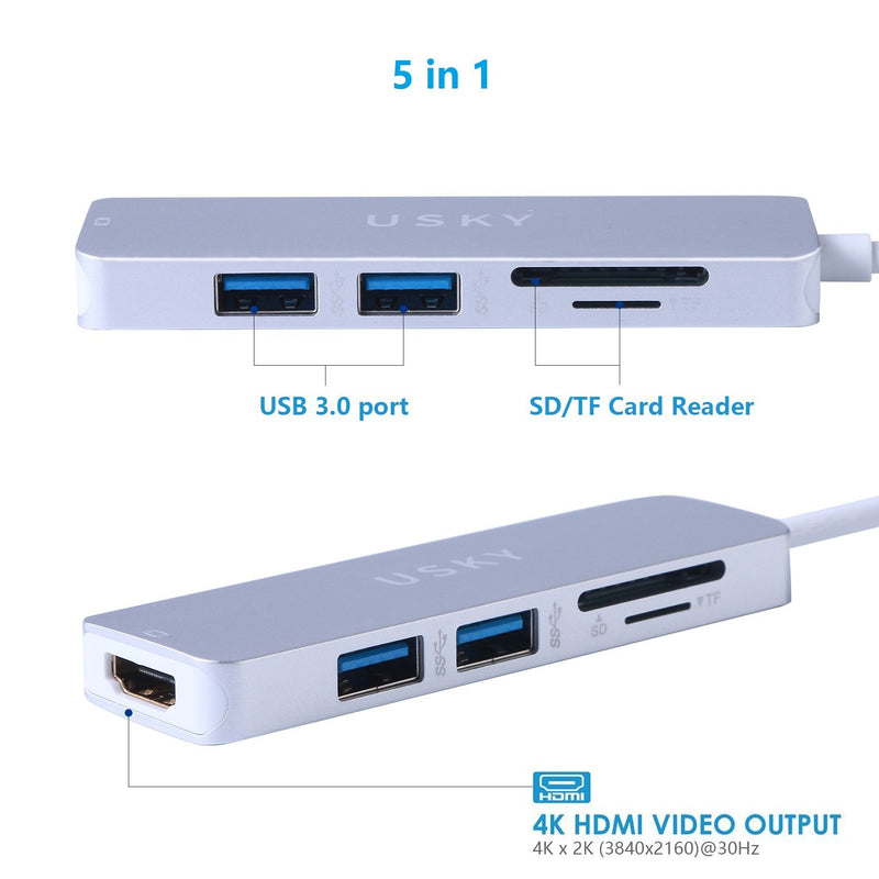 USB C Hub, USB Type-C Multiport Hub with HDMI Port,2 USB 3.0 Ports,SD/TF Card Reader,USKY USB-C to HDMI Adapter for MacBook Pro 2018/2017/2016 and More Type-C Devices