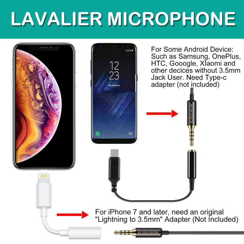 MOSOTECH 3.5mm Lavalier Microphone, Omnidirectional Lapel Microphone with 79" Extension Cable, Professional Condenser Clip-on Mic for Smartphones, PC, DLSR, YouTube, Interview, Podcast Recording