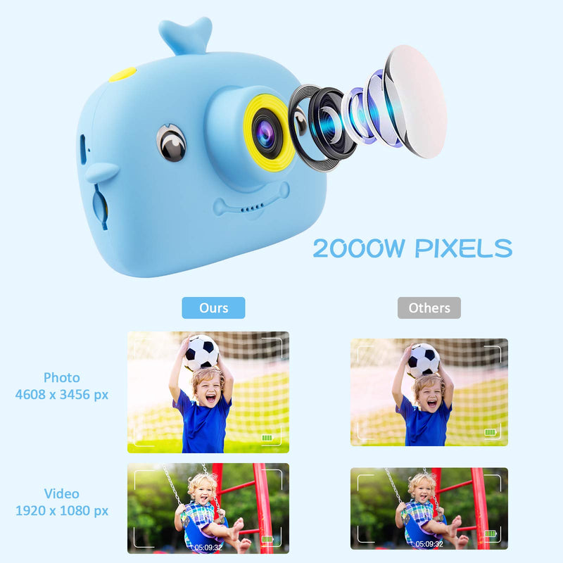 Kids Camera, Dual Selfie Digital Video Camcorder Camera 2 Inch IPS Screen 5 Puzzle Games 1080P Rechargeable Action Camera 32G SD Card Birthday Christmas Holiday for 3-12 Year Old Girls Boys (Blue) Blue