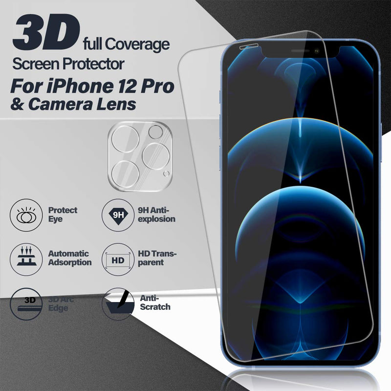 BIGFACE Compatible with iPhone 12 Pro Screen Protector+ Camera Lens Protectors, [2 + 2 Pack] Premium HD Clear Tempered Glass, Anti-Bubble 3D Curved Accuracy Film for iPhone 12 Pro(6.1 Inch)