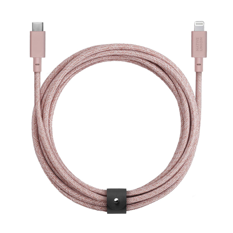 Native Union Belt Cable XL - 10ft Ultra-Strong Reinforced Durable USB-C to Lightning [MFi Certified] Charging Cable with Leather Strap Compatible with iPhone/iPad (Rose) Rose