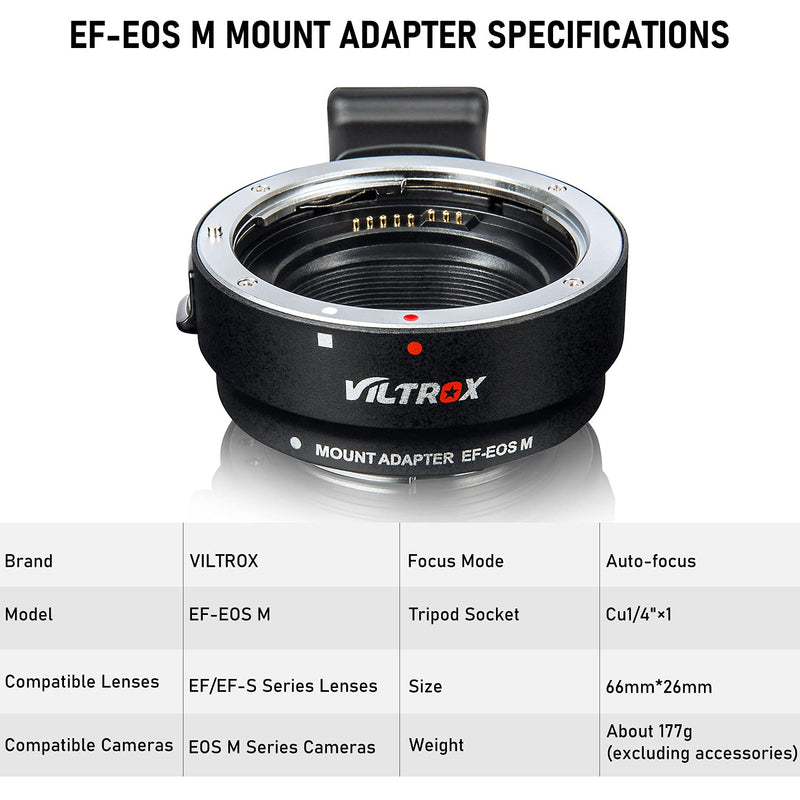 VILTROX EF-EOS M Lens Mount Auto Focus Adapter, Compatible with Canon EF/EF-S Lens to Canon EOS M (EF-M Mount) Mirrorless Camera Body EOS M100 M50 M3 M10 M6 M5