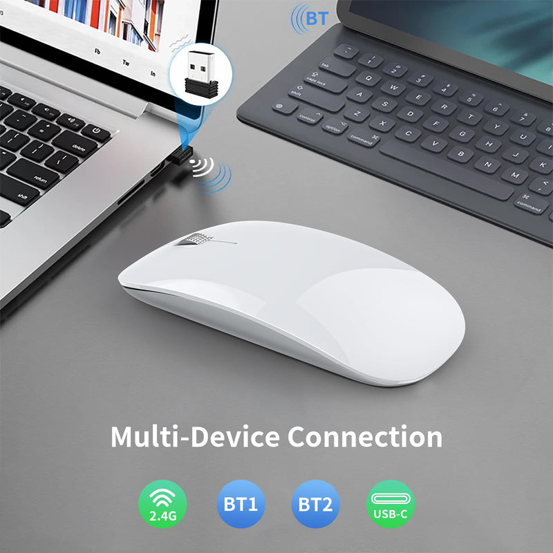 TENMOS M18 Bluetooth Mouse, USB C Rechargeable Wireless Mouse, Triple Mode (Dual Bluetooth+USB) Computer Silent Mice Portable with USB Receiver and Type C Adapter for Laptop/MacBook/iPad/PC - White