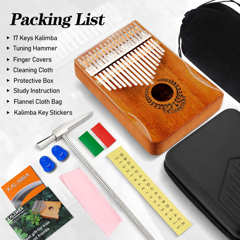 Kalimba 17 Keys Thumb Piano - Portable Mbira Sanza Finger Piano Professional Musical Instrument with Protective Case, Study Instruction, Tuning Hammer Gift for Kids Adults Beginners Light Mahogany