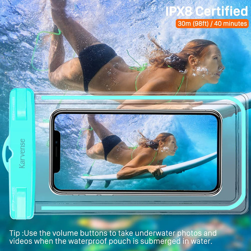 Waterproof Cell Phone Pouch Case, Karvense 2 Pack Universal Luminous Waterproof Phone Bag/Holder for iPhone, Samsung Galaxy, LG, Moto, Dry Bag for Beach, Shower, Pool, Kayaking, Snorkeling, Vacation Cyan, Pink