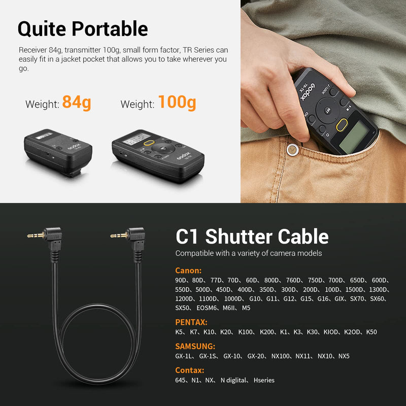 Godox TR-C1 TR-C3 Remote Shutter Release for Canon, Wireless Shutter Release Intervalometer Compatible for Canon R7 R6II R5 R RP 1Ds Mark III 5D Mark III 7D 6D 5D 90D 80D 70D 1200D G10 EOS M6 M6II M5