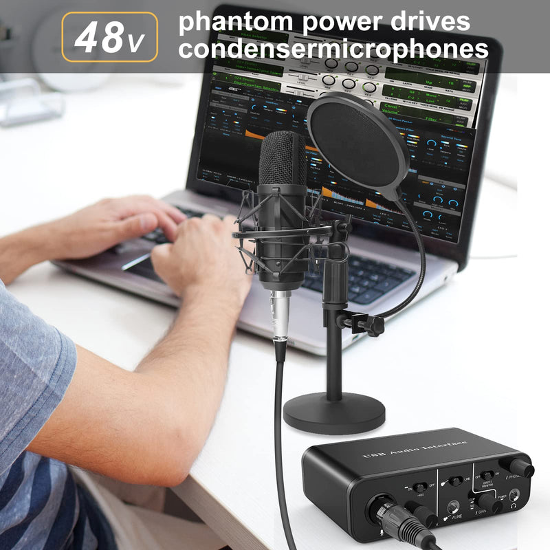 USB Audio Interface for Recording Music, XLR interface with 48V Phantom Power, TRS balanced with Headphone Amplifier, AudioBox Mic Preamps 48v 2 Channel for PC/Win/Mac Streaming and Podcasting