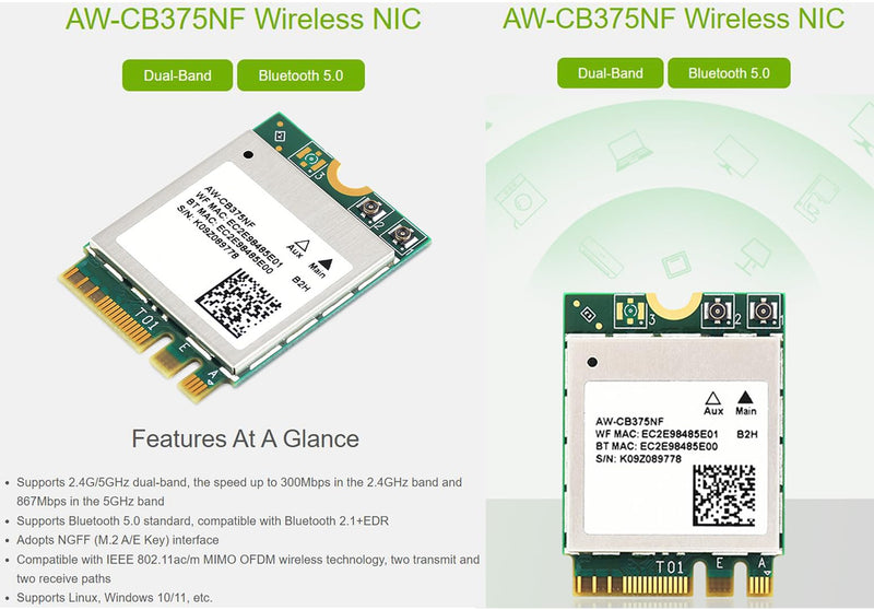 AW-CB375NF Dual-Band Wireless NIC, 2.4G/5GHz Dual-Band WiFi 5, RTL8822CE-CG Core, Bluetooth 5.0, for Jetson Xavier NX/Jetson Orin NX/Jetson Orin Nano,etc.