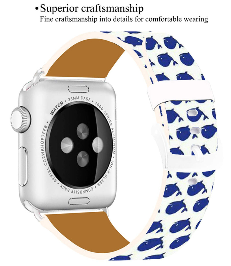 Bands Compatible with Iwatch 38mm/40mm & Cisland Leather Strap Compatible with Apple Watch Series 1/2/3/4/5/6/SE Sport & Edition Blue Whale Pattern Art Lovely Whale