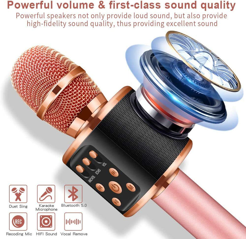 XBUTY Bluetooth Karaoke Wireless Microphone with Dual Sing, LED Lights, Portable Handheld Mic Speaker Machine for Android/PC/Outdoor/Birthday/Home/Party (Rose gold)