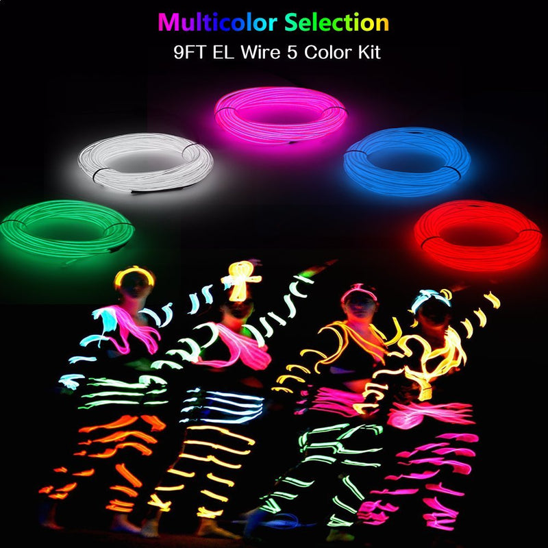 [AUSTRALIA] - EL Wire Kit 9ft, Portable Neon Lights for Parties, Halloween, DIY Decoration (5 Pack, Each of 9ft, Red, Green, Pink, Blue, White) 