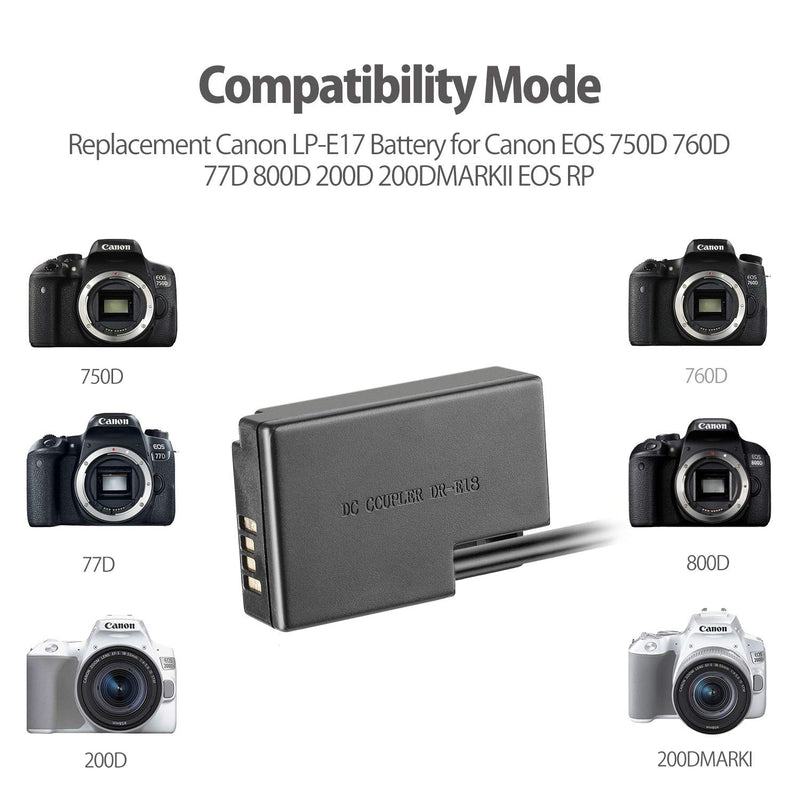 Cxy ACK-E18 AC Adapter Kit DR-E18 DC Coupler Replacement Canon LP-E17 Battery for Canon EOS 750D 760D 77D 800D 200D 200DMARKII EOS RP