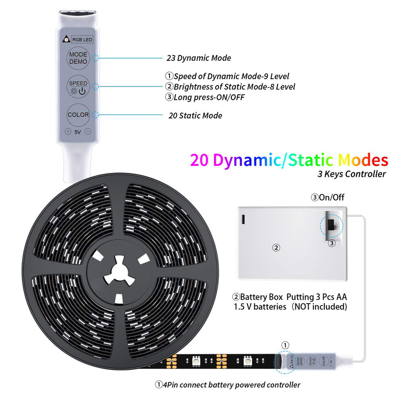 13.2 Feet Battery Powered Led Strip Lights,DIY Color Changing Led Lights Battery Operated. Integrated Controller for Bedroom, Sports,Outdoors, Party,Costume and Dress up