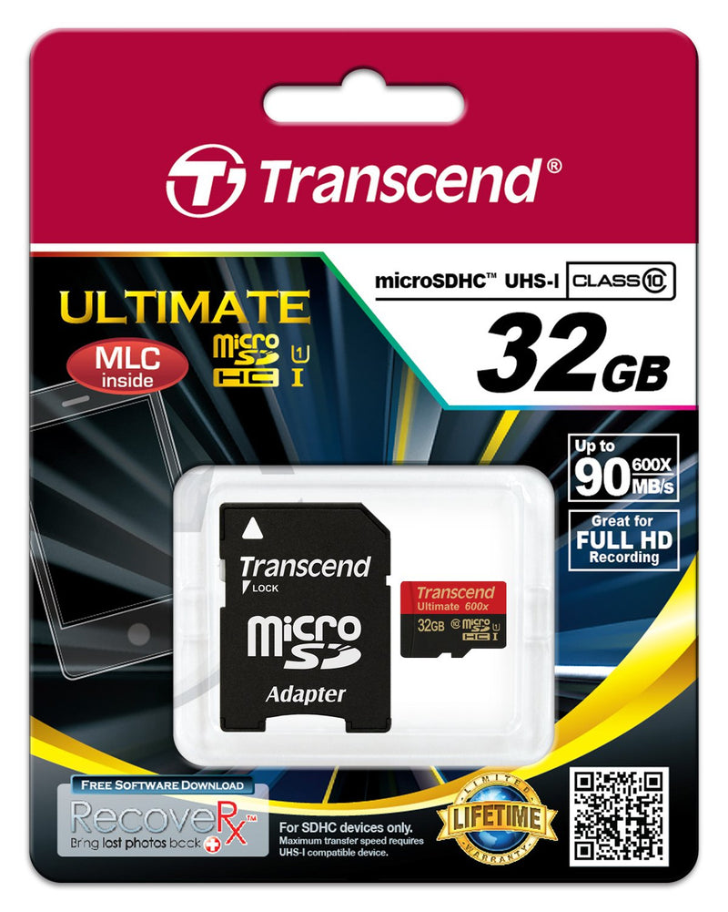 Transcend 32 GB microSDHC Class 10 UHS-I Memory Card with Adapter 90 MB/S (TS32GUSDHC10U1) 32GB