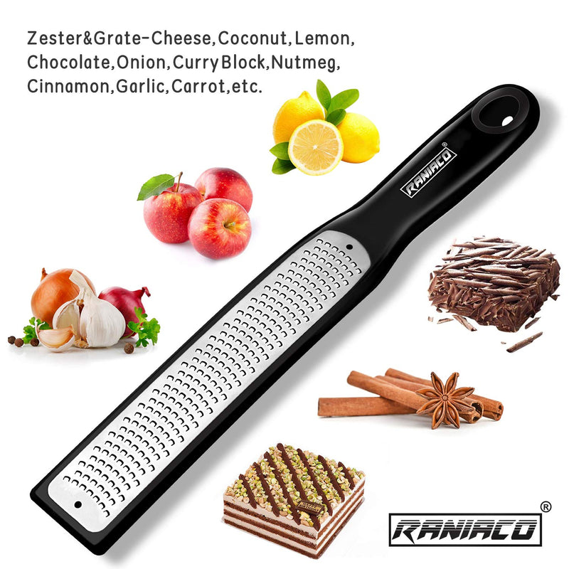 Zester Stainless Steel Grater, Long Ergonomic Handle Cheese, Lemon, Ginger & Potato Zester with Plastic Cover, with Rubber Base (Black) Black