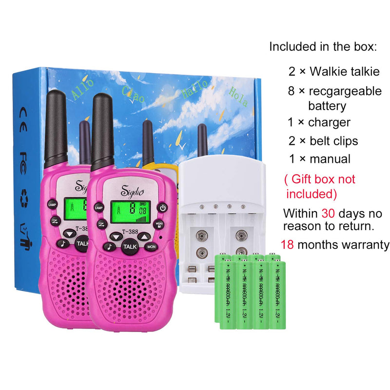 Sigdio Kids Walkie Talkies Rechargeable Walky Talky 22CH FRS 2 Way Radio Kids Toy with Multi-Charger Rechargeable Batteries VOX and Torch (Pink, 8 Rechargeable Batteries) pink