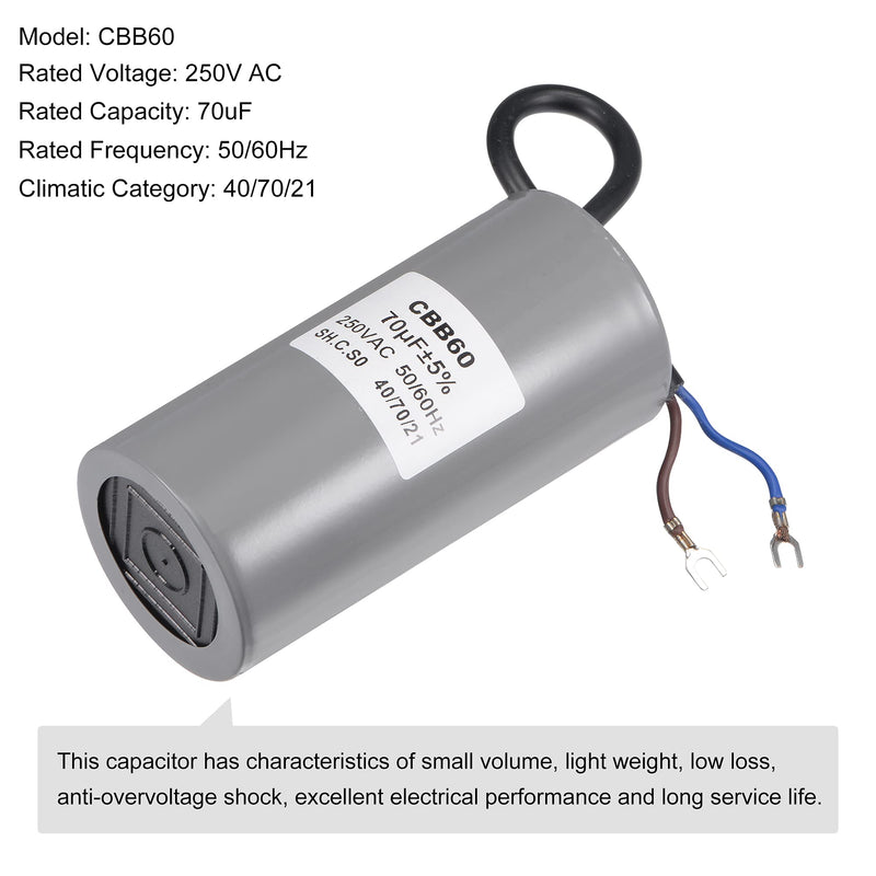 MECCANIXITY CBB60 Run Capacitor 70uF 250V AC 2 Wires 50/60Hz Cylinder 124x60mm with Terminal for Air Compressor Water Pump Motor