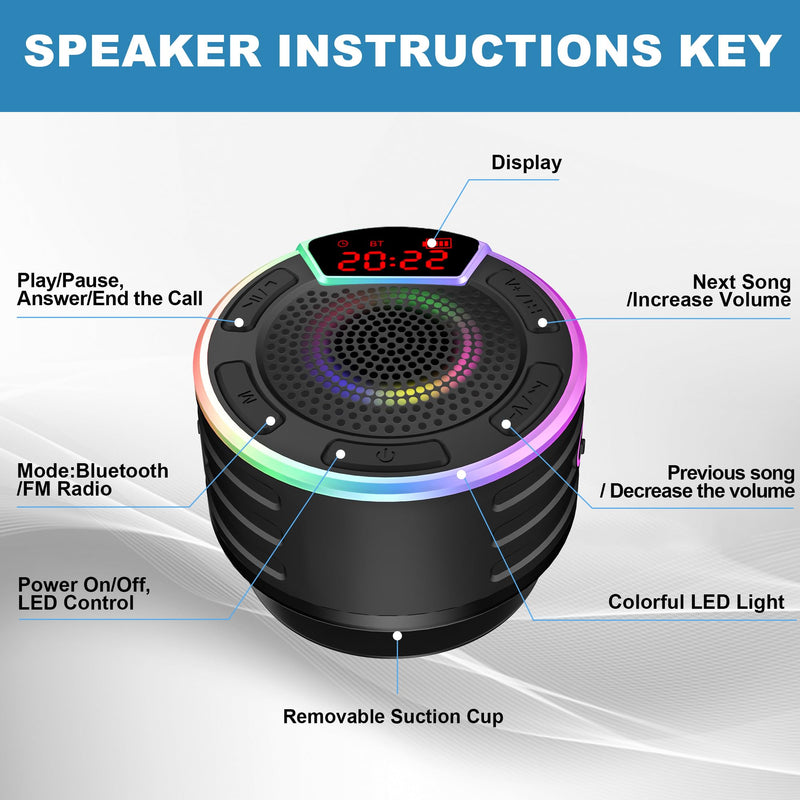 BassPal Bluetooth Speakers, IPX7 Waterproof Shower Speaker, Portable Speaker with LED Display, FM Radio, Suction Cup, Light Show, Built-in Mic, Best Gifts for Pool Beach Home Party Travel Outdoors Black