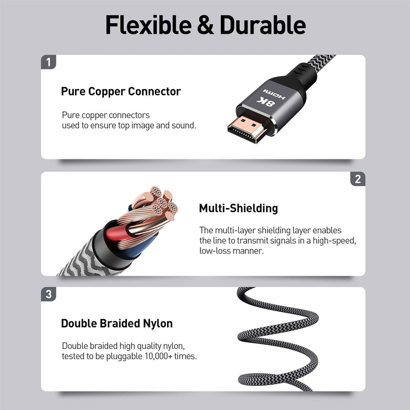 8K HDMI Cable 6.6ft, HTCKABOL High Speed 48Gbps HDMI 2.1 Cable 8K60Hz 4K120Hz eARC HDR10 4:4:4 HDCP 2.2 2.3 DTS:X Compatible with Apple TV Roku Sony LG Samsung OLED Xbox PS4 PS5 6.6 feet