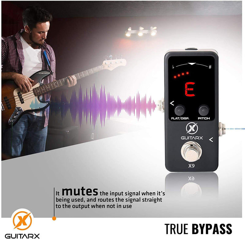 GUITARX X9 - Guitar Pedal Tuner Mini - True Bypass Chromatic Tuner Pedal with Pitch Calibration and Flat Tuning - Pedal Tuner Bass - Power Supply Required