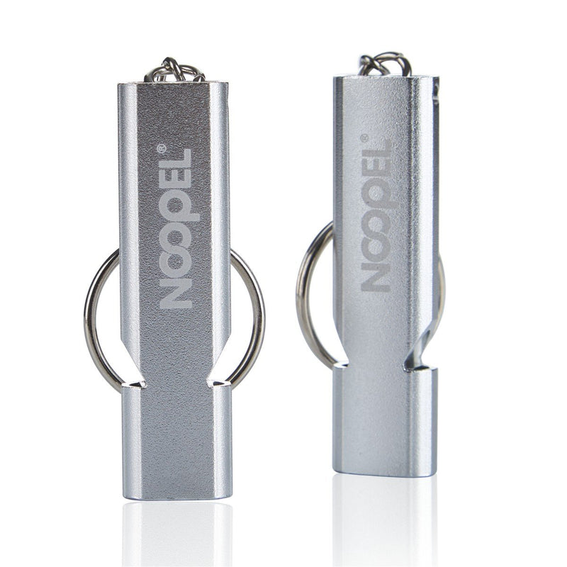 Noopel Emergency Survival Whistle Double Tubes Safety Whistles 2 pack with lanyard and keychain for Boating Outdoor Camping Hiking Hunting Sports Dog Training 2 Pack Silver