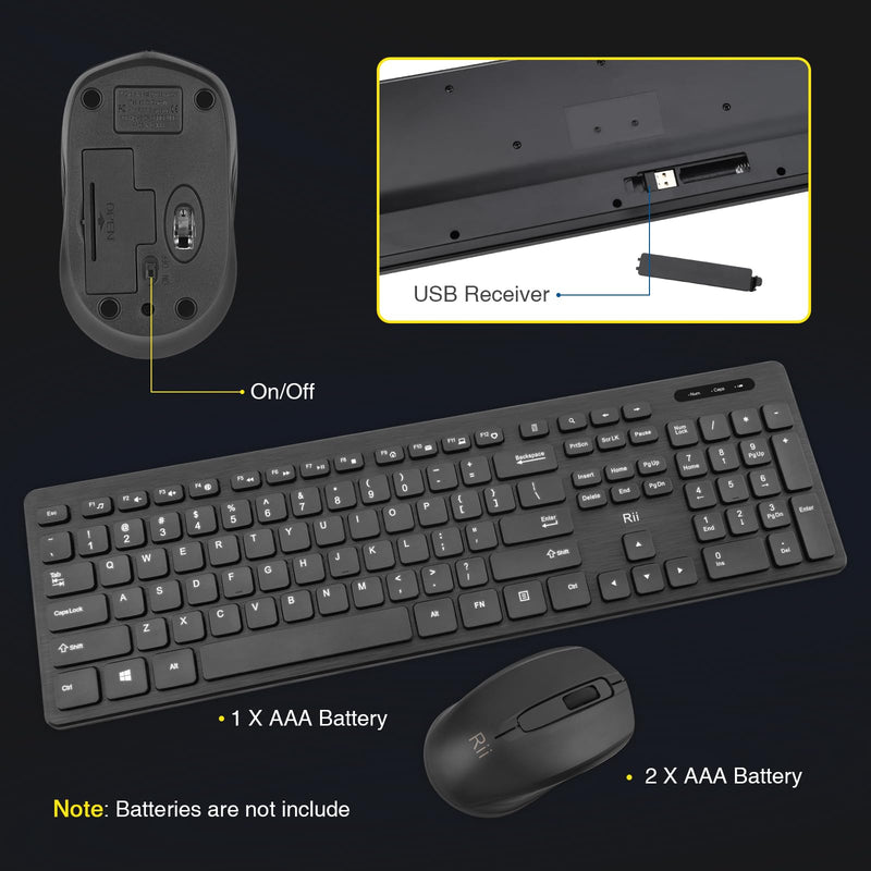 Wireless Keyboard and Mouse Combo - Rii Standard Office PC Keyboard and Optical Wireless Mice (New Mouse Version) New Mouse Version