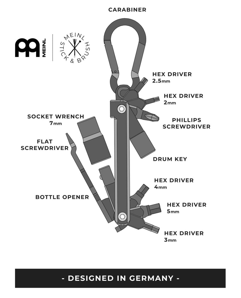 Meinl Stick & Brush Drum Tech Multi-Tool with Carabiner Hook - Includes The Essentials For Quick Fixes & Maintenance (SB503)