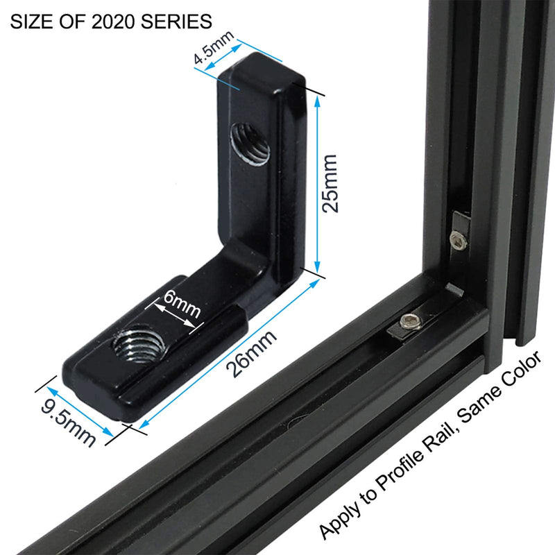 20pcs/lot Black 2020 Series L-Shape Interior Inside Corner Connector Joint Bracket with Screws for 20x20 Series Aluminum Extrusion Profile Slot 6mm