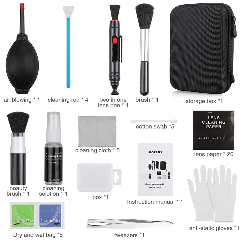 Zacro 14-in-1 Proonal Camera Cleaning Kit (with Carry Case), Including Blowing Bottle/Detergent/Cleaning Pen/Cleaning Brush/Cleaning Swabs/Cleaning Cloth Black