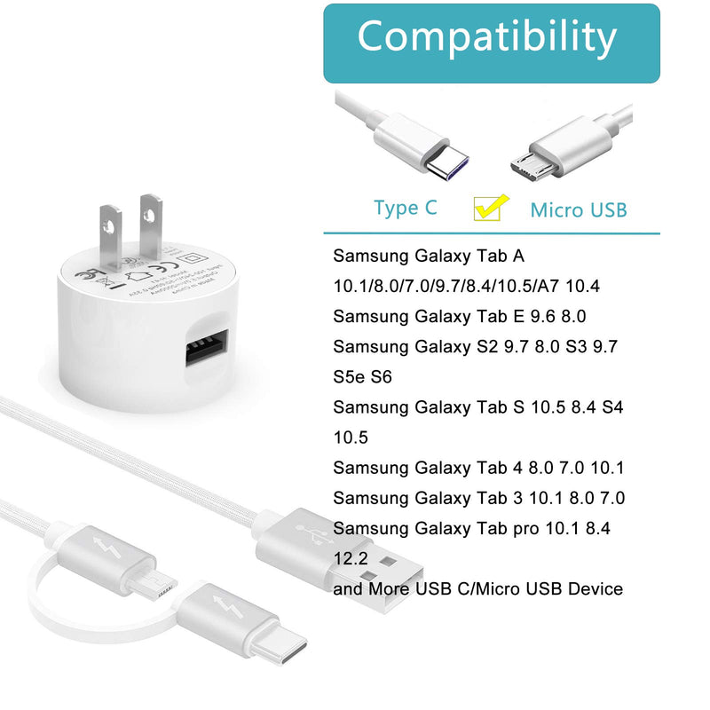 Galaxy Tab Charger Fit for Samsung Galaxy Tab A E,S,S2,3,4, 10.1" 7.0" 8.0" 8.4" 9.6" 9.7",SM-T580/T380/T280/P580/T387/T377/T800/T113/T520/T900/T320/T713 Tablet Power Supply Adapter Cord Data Cable
