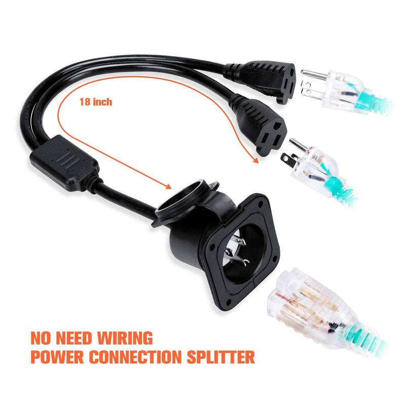 [AUSTRALIA] - WELLUCK 15 Amp 125V AC Power Inlet Port Plug with Integrated Dual 18" Extension Cord, NEMA 5-15 RV Flanged Inlet with Waterproof & Back Cover Y Splitter Cable, 2 Pole 3-Wire Shore Power Plug for Boat 15 Amp Flanged Inlet with Dual Cord 
