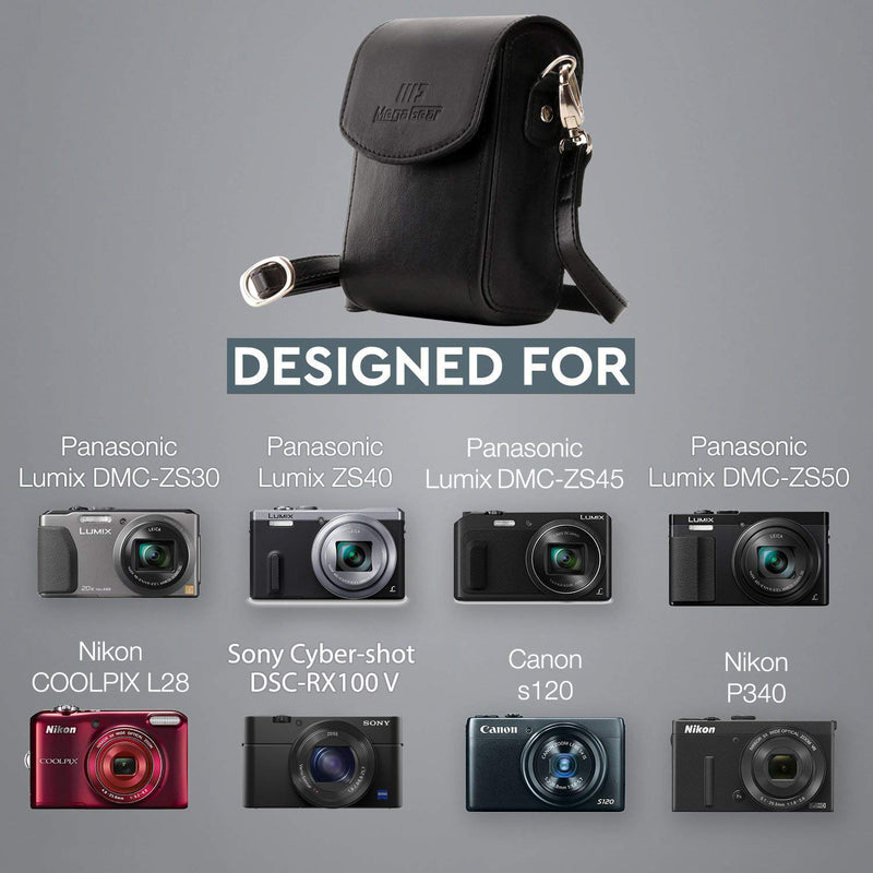 MegaGear Protective Black Leather Camera Case, Bag for for DSC-RX100 V, Panasonic Lumix DMC-ZS45, DMC-ZS50, Nikon Coolpix P340 Fix Lens, Canon PowerShot S120, Nikon Coolpix L28, DMC-TZ57, DMC-TZ70