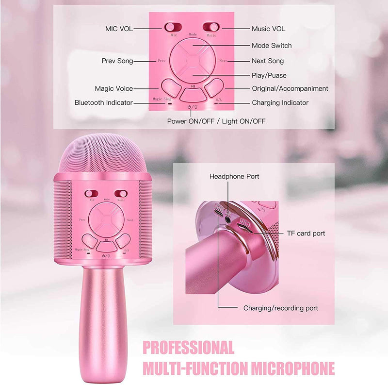 BONAOK Voice Changing Microphone Kids,Karaoke Wireless Microphone,Portable Party Ktv Microphone, Karaoke Speaker Machine Home Travel Kids Sing Along Microphone for iPhone,for Android (V07 Pink)