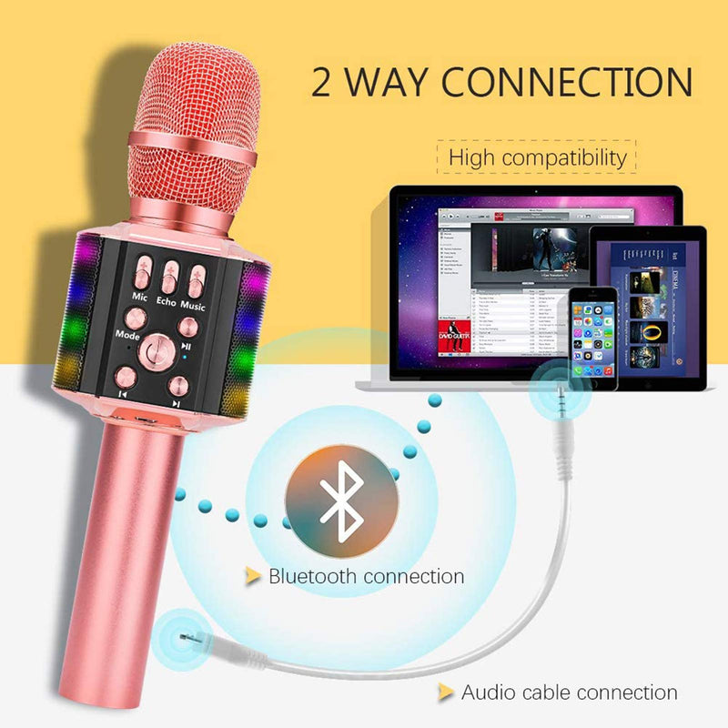 BONAOK Wireless Bluetooth Karaoke Singing Microphone with Flashing Lights, 4 in 1 Portable Bluetooth Karaoke Machine Home Party Christmas for Android/iPhone/iPad/PC (Pink) Rose Gold