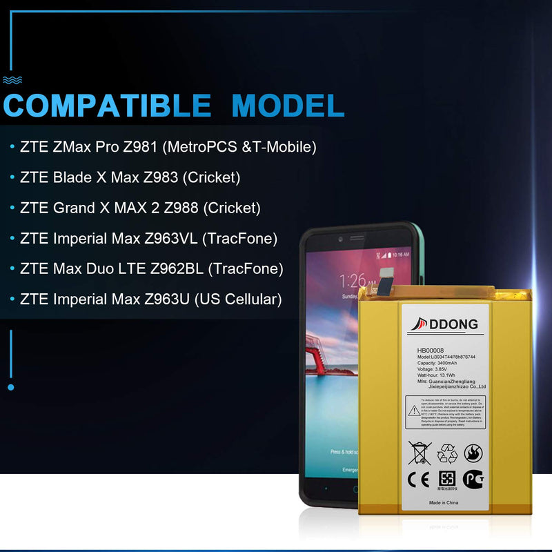Replacement Battery for ZTE ZMax Pro Z981 Li3934T44P8H876744 Adhesive Tool