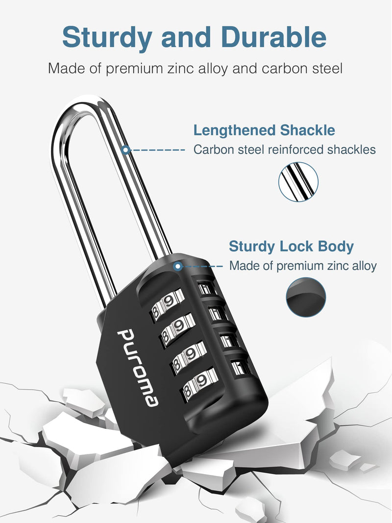 Puroma 2 Pack 2.6 Inch Long Shackle Combination Lock 4 Digit Outdoor Waterproof Padlock for School Gym Locker, Sports Locker, Fence, Gate, Toolbox, Case, Hasp Storage (Black) Black