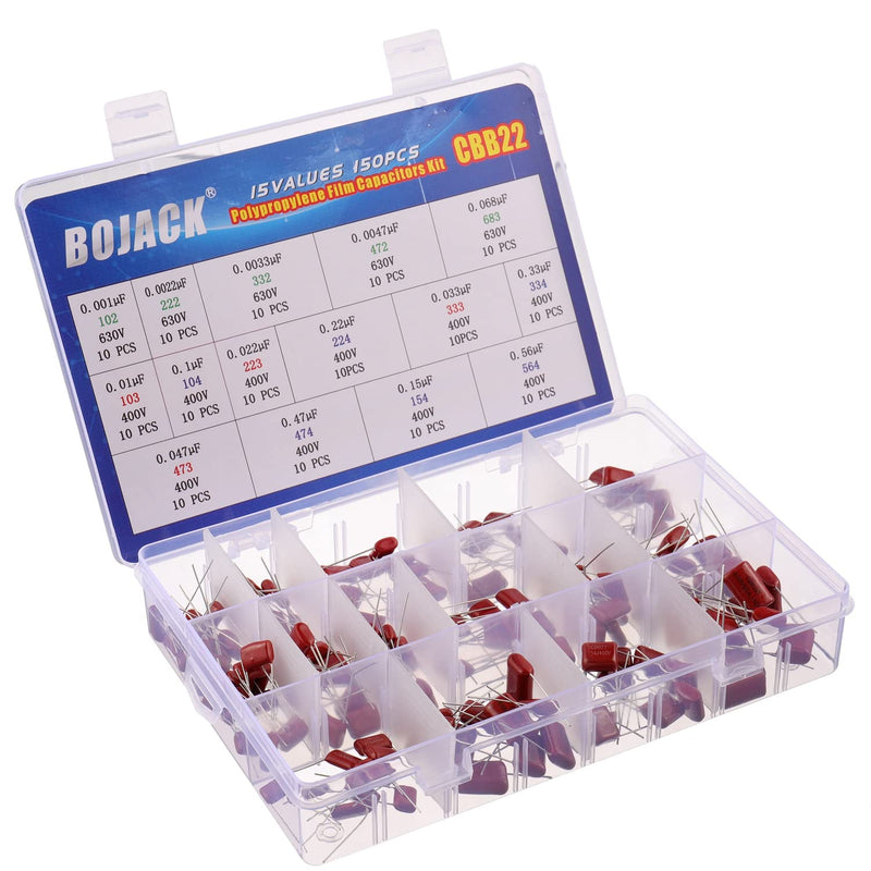 BOJACK 15 Values 150 Pcs Metallized Polypropylene Film DC Capacitor 400V/0.01uF ~ 0.56uF 630V/ 0.001uF ~ 0.068uF Assortment Kit