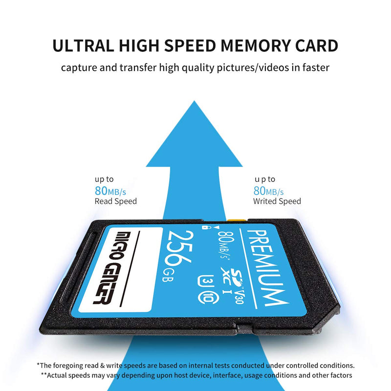 Premium 256GB SDXC Card by Micro Center, Class 10 SD Flash Memory Card UHS-I C10 U3 V30 4K UHD Video R/W Speed up to 80 MB/s for Cameras Computers Trail Cams (256GB)
