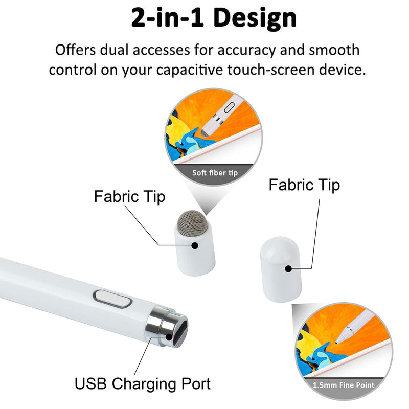 Active Stylus Digital Pen for Touch Screens Compatible for iPad iPhone Samsung Phone Tablets for Drawing and Handwriting on Touch Screen Smartphones Tablets (iOS/Android) 2 in 1 Tips 7.08Inch White