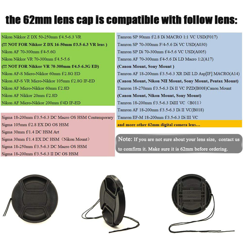 62mm Snap-On Front Lens Cap for Nikon Nikkor Z 50-250mm/85mm F1.8D/105mm F2.8G 60mm F2.8 Lens for Z50，for Sony RX10 CX900E AX100E E18-200LE II E10-8 Lens -2Packs… B07MPX8NZM 62mm