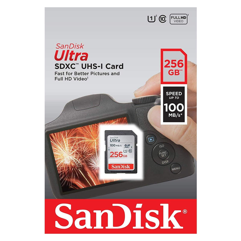 SanDisk 256GB SDXC SD Ultra Memory Card 100mb Works with Canon EOS 4000D / T100, EOS 90D, Rebel T7i Digital Camera Class 10 (SDSDUNR-256G-GN6IN) Bundle with (1) Everything But Stromboli Card Reader