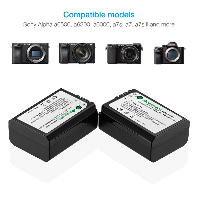 Powerextra Battery (4-Pack) and Charger for Sony NP-FW50 and Sony Alpha a6500, Alpha a6300, Alpha a6000, Alpha a7 II, Alpha a7R II, Alpha a7S II, Alpha a5000, Alpha a5100 Digital Camera