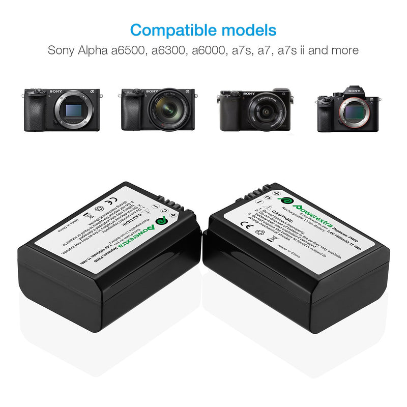 Powerextra 2 Pack Replacement Sony NP-FW50 Battery & Smart LCD Display Dual Channel Charger Compatible for Sony Alpha a6500, a6300, a6000, a7s, a7, a7s ii, a7s, a5100, a5000, a7r, a7 ii Camera