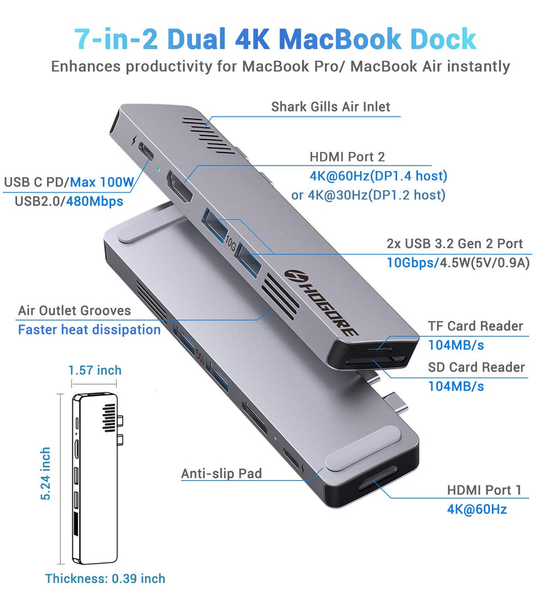 MacBook Pro Dock, HOGORE MacBook Pro Docking Station, Dual HDMI 4K 60Hz, 10Gbps USB 3.1 Gen 2, 100W PD Charging, SD/TF, Compatible Thunderbolt 3 Intel MacBook Pro/Air 13" 15" 2020/2019/18 Accessories