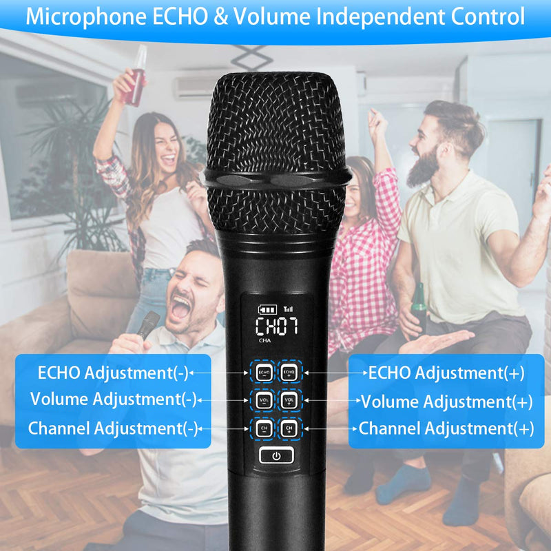 Kithouse Wireless Microphone Rechargeable Dual Microphones Karaoke Cordless Mic + Volume Control + Echo with Receiver, Black UHF Microphone for Karaoke Singing Speech Church K28