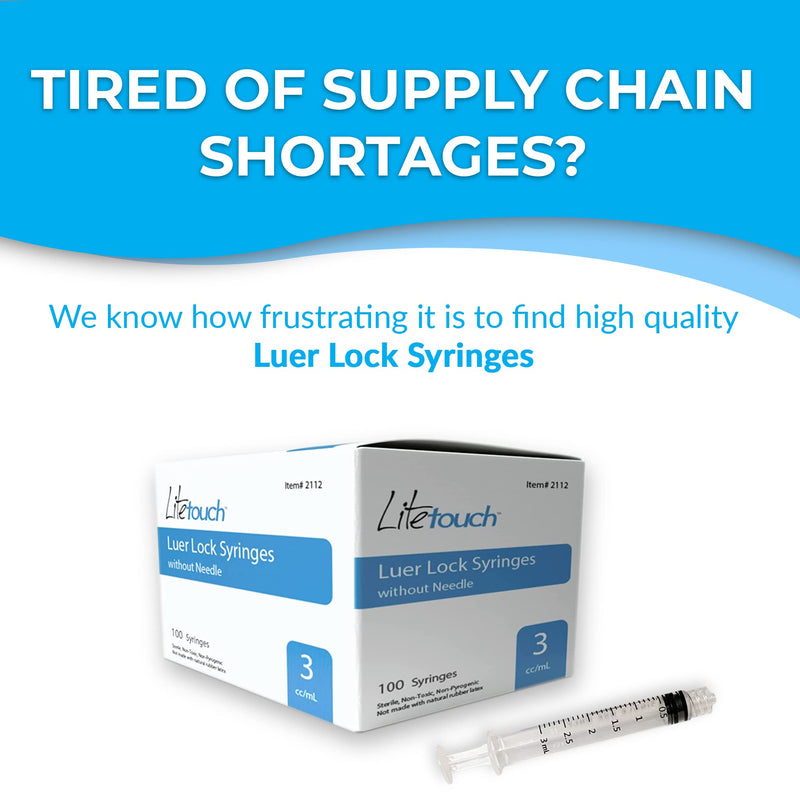 LiteTouch 3mL Luer Lock Syringe, Sterile, Individually Sealed - 100 Syringes per Box (no needle)