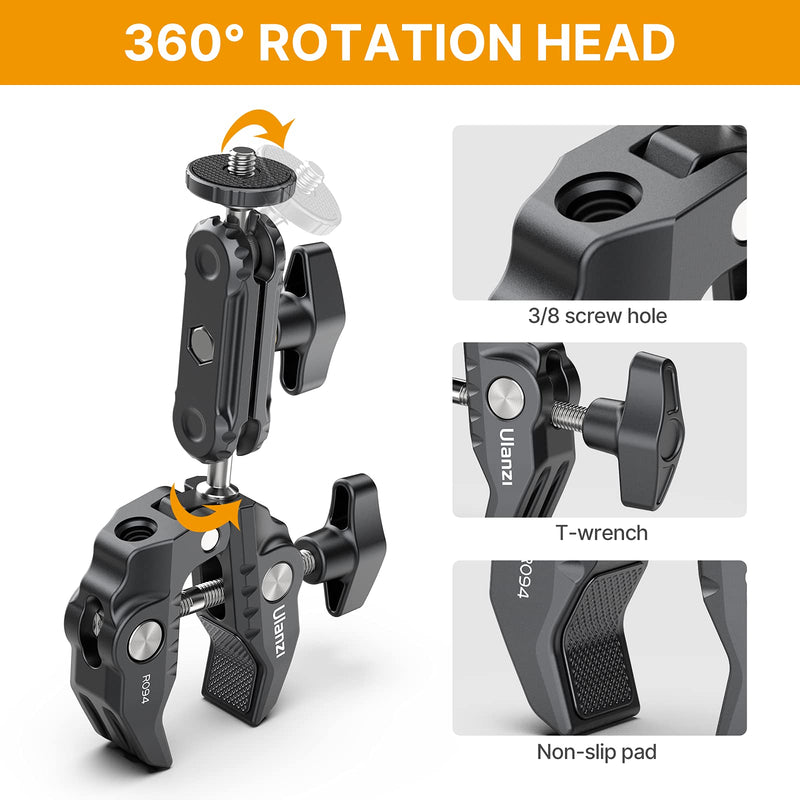 R094 Super Clamp Multi-Functional Camera C Clamp Mount, 1/4" Ball Head Monitor Mount 3/8" Hole Adjustable Video Shooting, Mobile Clamp for Gopro Action INSTA360 Cam, Vlog Cam Selfie Live Streaming R094 Super Clamp