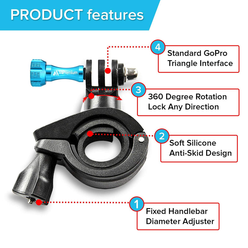MiPremium Bike Handlebar Camera Mount Kit for GoPro Hero 10 9 8 7 6 5 4 3 2 1 Black Silver Session, AKASO Campark YI & Other Action Camera Accessories. ¼ - 20 Mounting Adapter for Motorbike & Bicycle