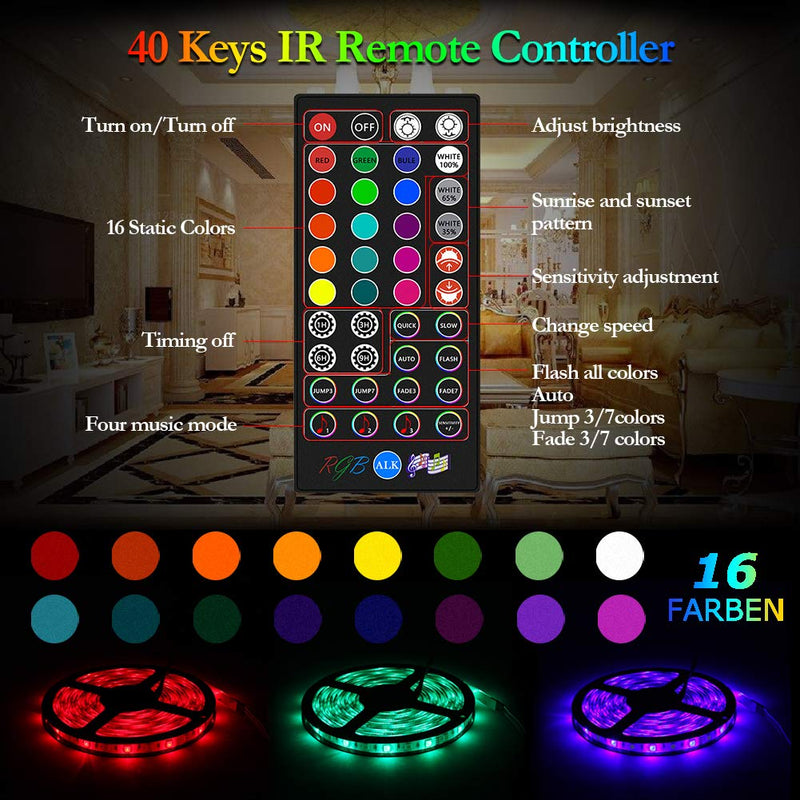 [AUSTRALIA] - 32.8FT LED Strip Lights, Music Sync LED Light Strip Kits with 40-Keys Remote and 12V Power Supply, DIY Flexible SMD 5050 SMD 300 LEDs RGB LED Lights for Room TV 