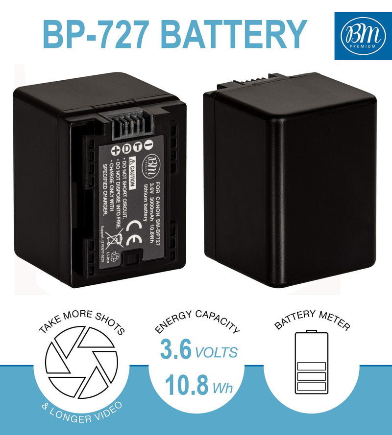 BM Premium Fully Decoded Pack of 2 BP-727 Batteries for Canon Vixia HFM50, HFM52, HFM500, HFR30, HFR32, HFR300, HFR40, HFR42, HFR400, HFR50, HFR52, HFR500, HFR60, HFR62, HFR600, HF R70, HF R72, HF R700 Camcorder